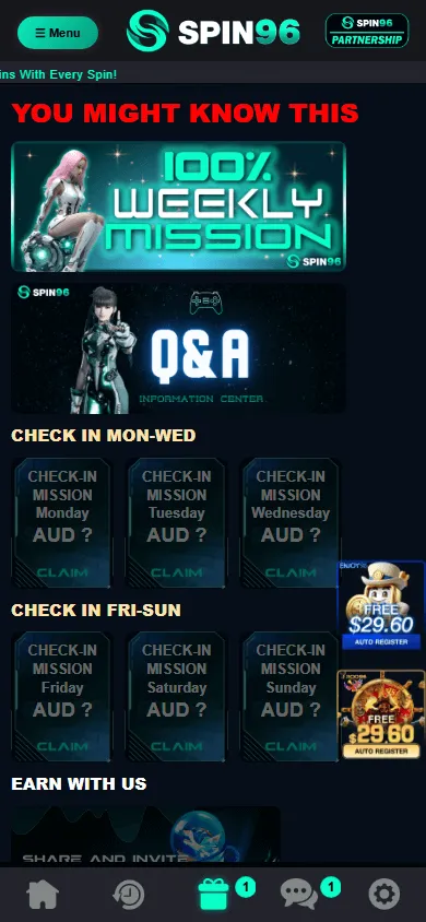 Spin96 Casino promotions screen on a mobile device