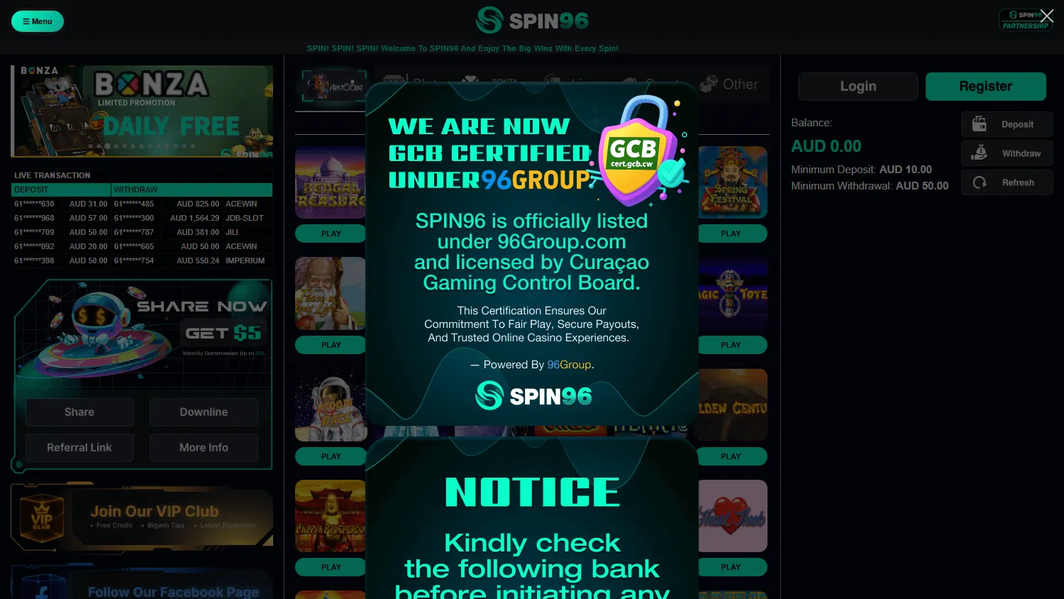 Spin96 Casino home screen on a desktop device