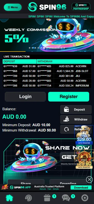 Spin96 Casino home screen on a mobile device